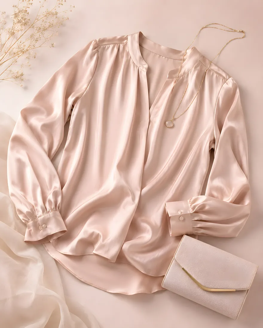 Elegant silk blouse flat lay with necklace and clutch bag