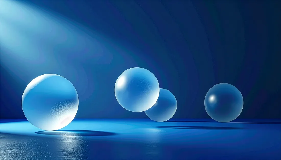 Abstract 3D glassmorphism background with deep blue navy glass spheres