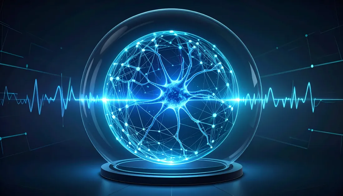 Glowing neuron with pulse waveform inside a glass sphere