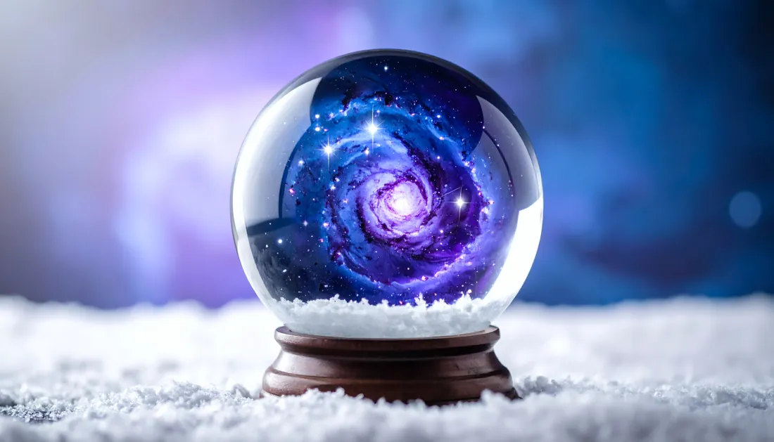 Surreal cosmic galaxy nebula trapped inside a glass snow globe