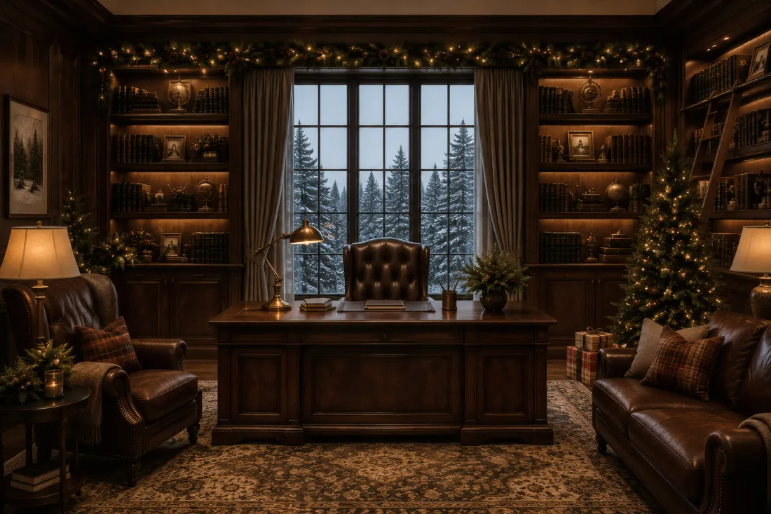 Luxury home office and library with Christmas decor and winter view