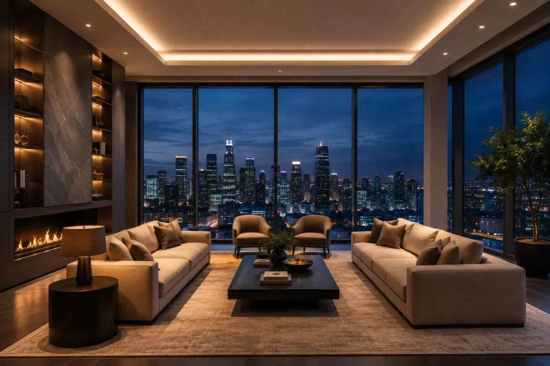 Luxury penthouse living room with city skyline view at night